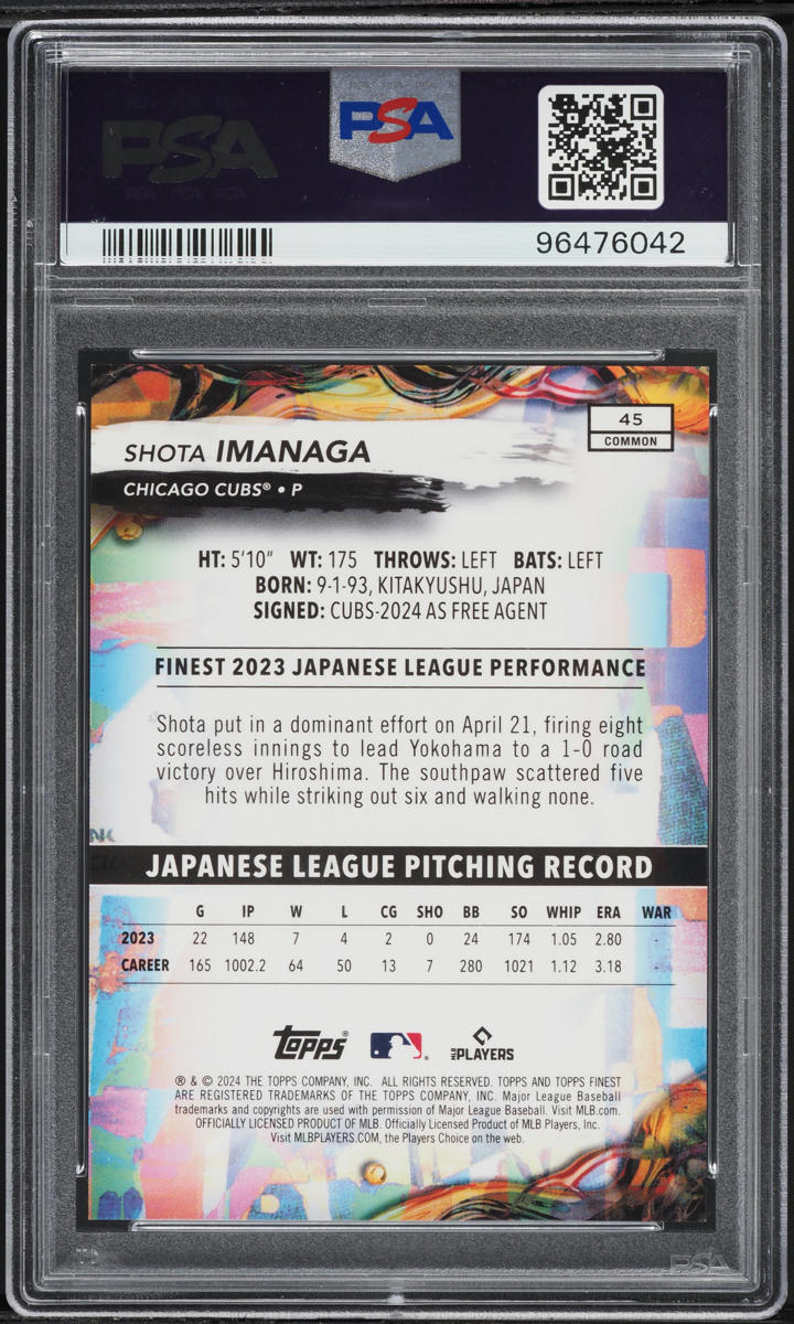 2024 Topps Finest Superfractor Shota Imanaga ROOKIE 1/1 #45 PSA 10 GEM MINT