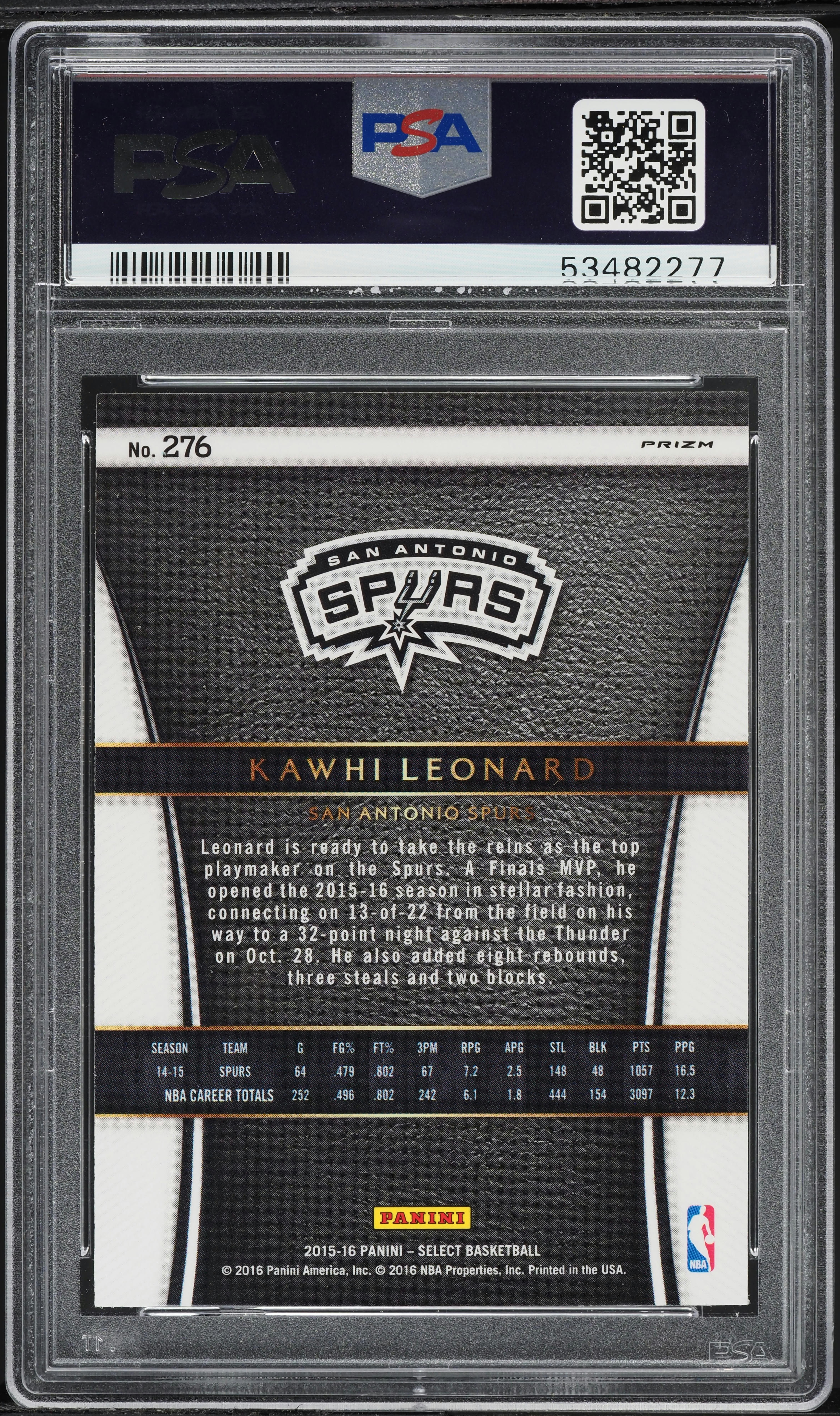2015 Select Courtside Silver Prizm Kawhi Leonard #276 PSA 9 MINT