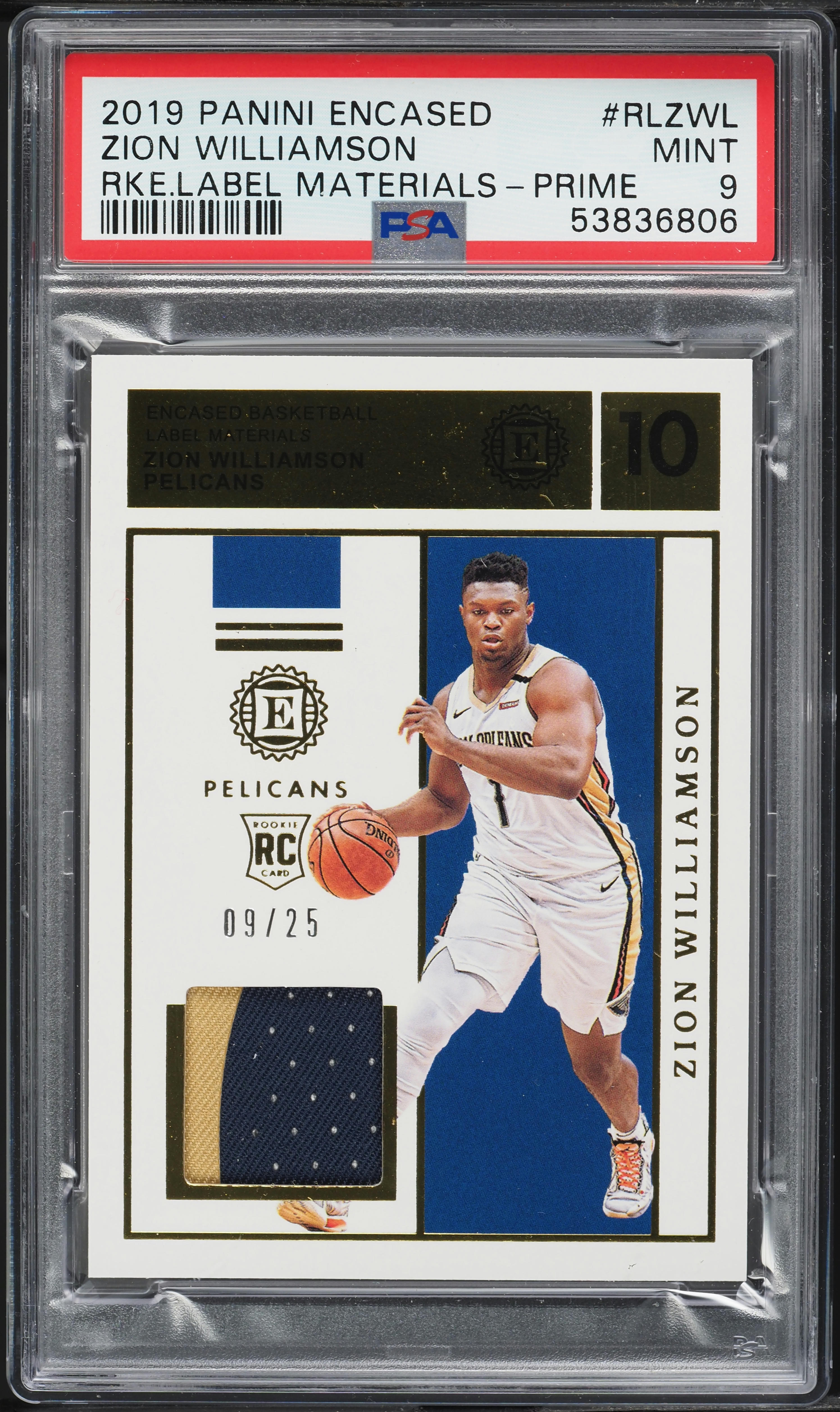 2019 Panini Encased Prime Zion Williamson ROOKIE PATCH /25 #RLZWL