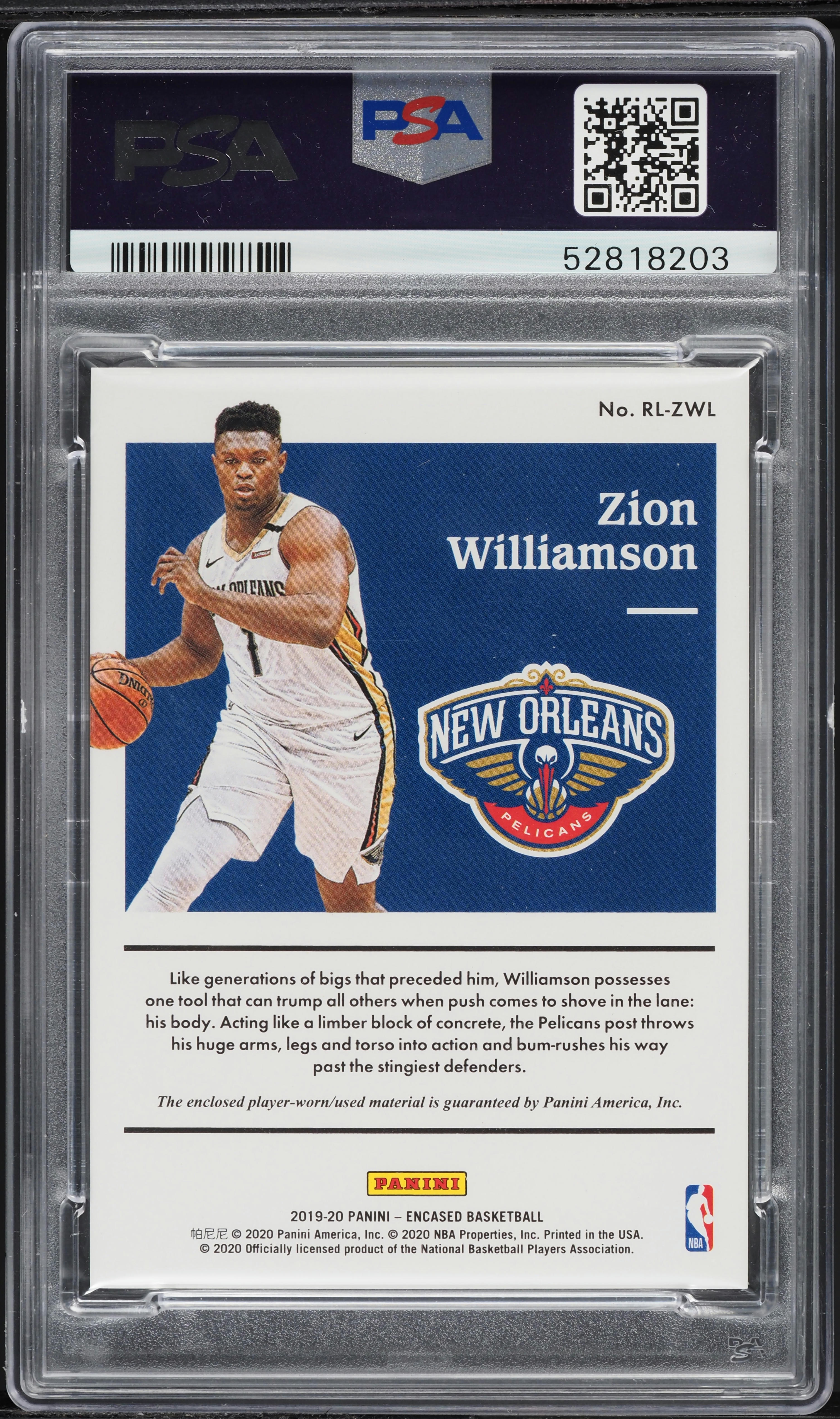 2019 Panini Encased Prime Zion Williamson RC PATCH /25 #RLZWL PSA