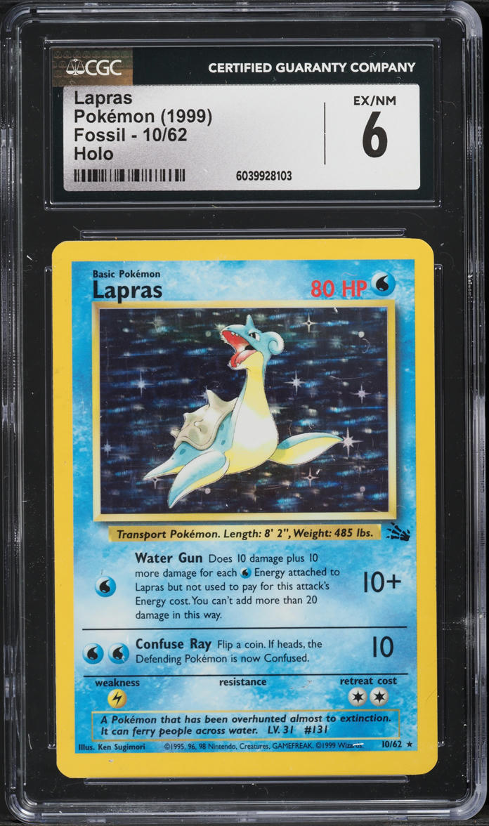 1999 Pokemon Fossil Holo Lapras #10 CGC 6 EXMT