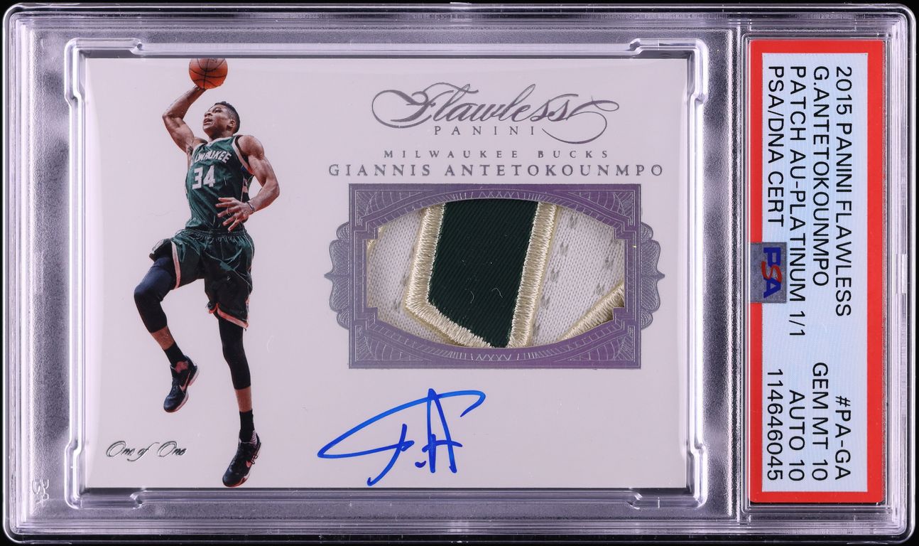 2015 Panini Flawless Platinum Giannis Antetokounmpo PATCH AUTO DNA 10 1/1 PSA 10