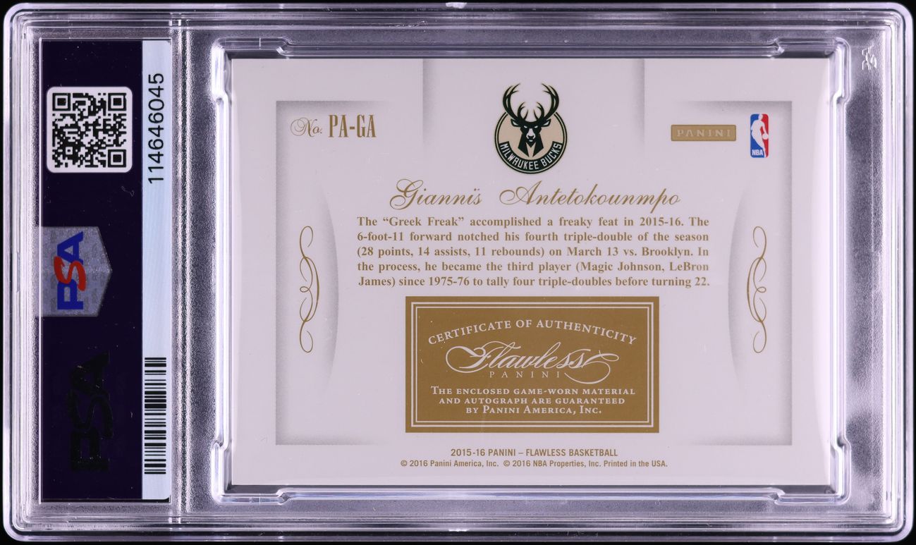 2015 Panini Flawless Platinum Giannis Antetokounmpo PATCH AUTO DNA 10 1/1 PSA 10