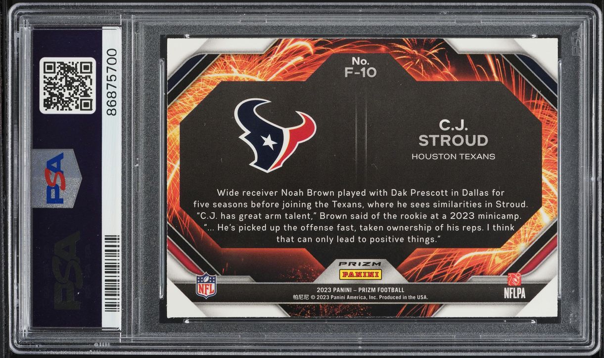 2023 Panini Prizm Fireworks Silver C.J. Stroud ROOKIE #F10 PSA 10 GEM MINT