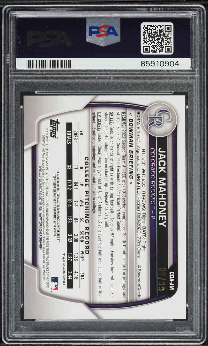 2023 Bowman Chrome Draft Green Lava Jack Mahoney PROSPESCT AUTO DNA 10 /99 PSA 8