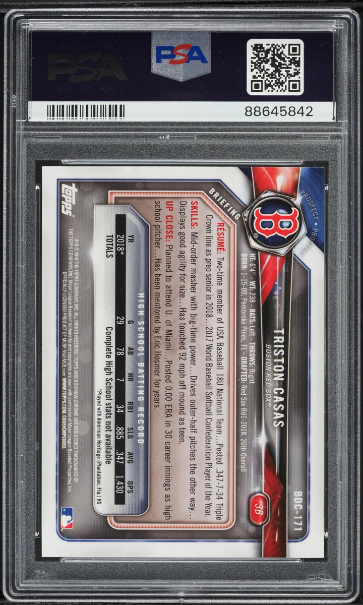 2018 Bowman Chrome Draft Triston Casas PROSPECT #BDC-171 PSA 10 GEM MINT