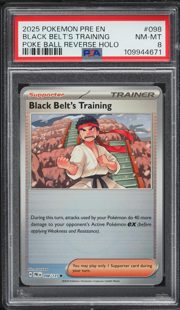 2025 Pokemon SV Prismatic Poke Ball Reverse Holo Black Belt's Training PSA 8