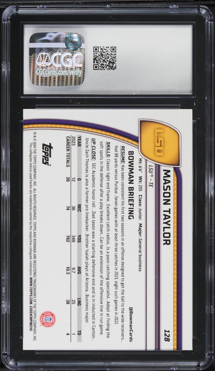 2024 Bowman Chrome University Purple Refractor Mason Taylor ROOKIE /399 CGC 10
