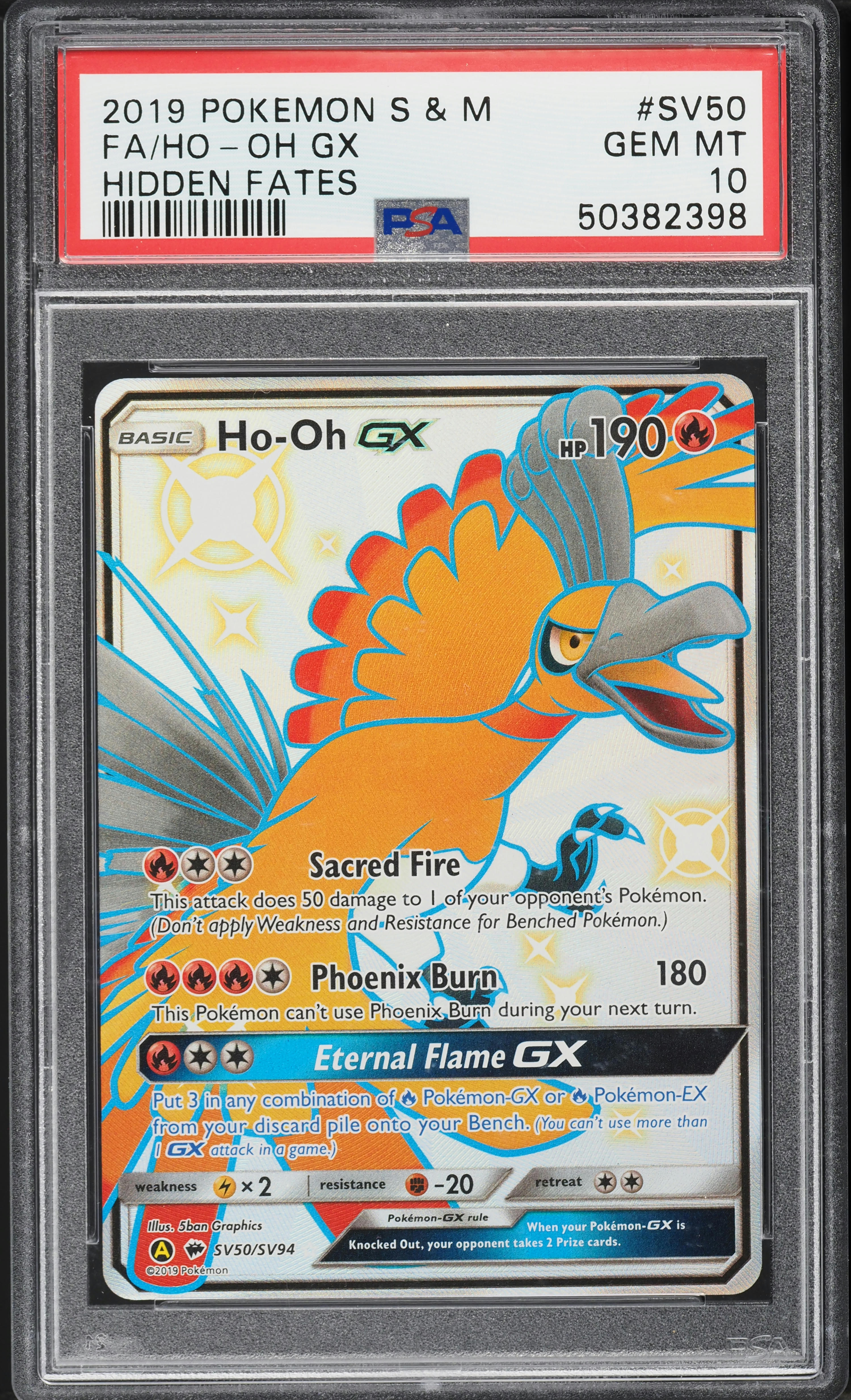 2019 Pokemon Sun & Moon Hidden Fates Full Art Ho-Oh GX #SV50 PSA