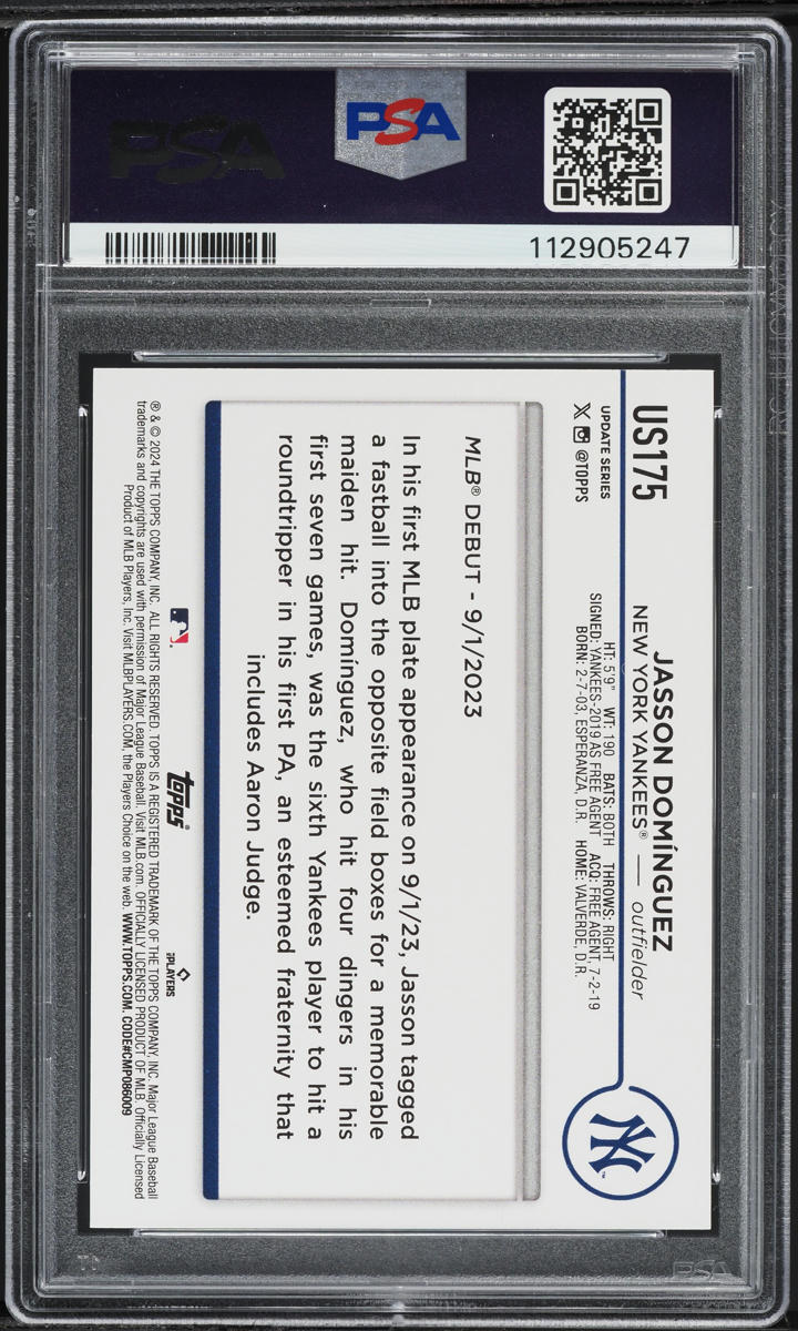 2024 Topps Update Jasson Dominguez ROOKIE #US175 PSA 10 GEM MINT