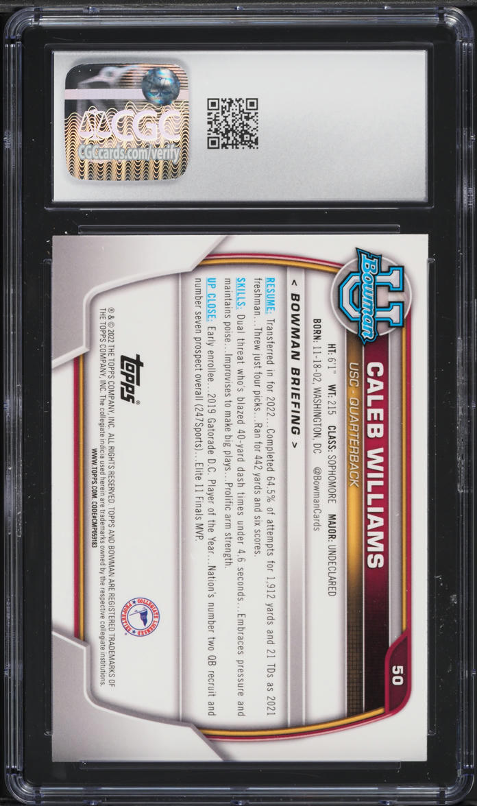 2022 Bowman Chrome University Caleb Williams ROOKIE #50 CGC 9 MINT