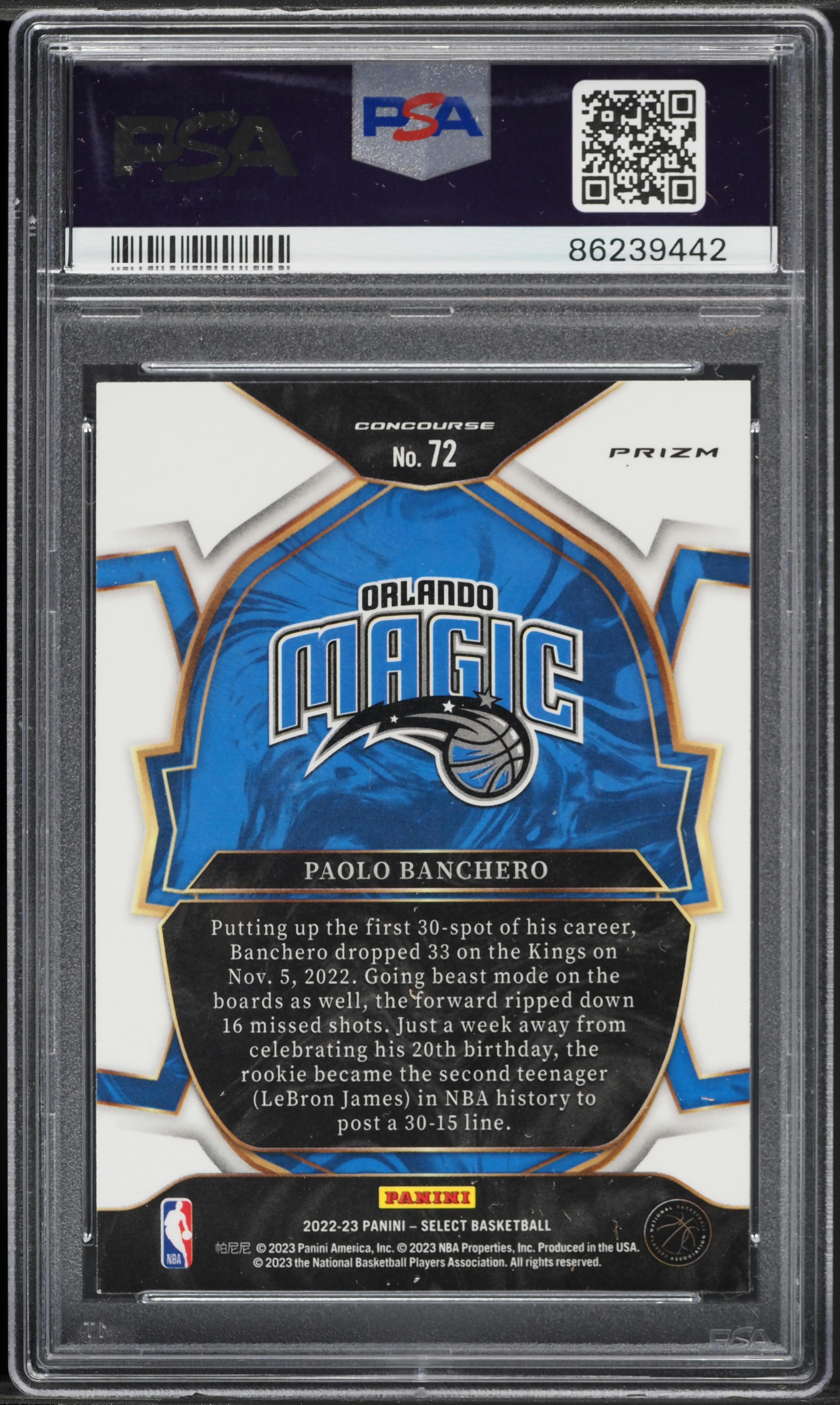 2022 Select Concourse Orange Flash Paolo Banchero ROOKIE #72 PSA