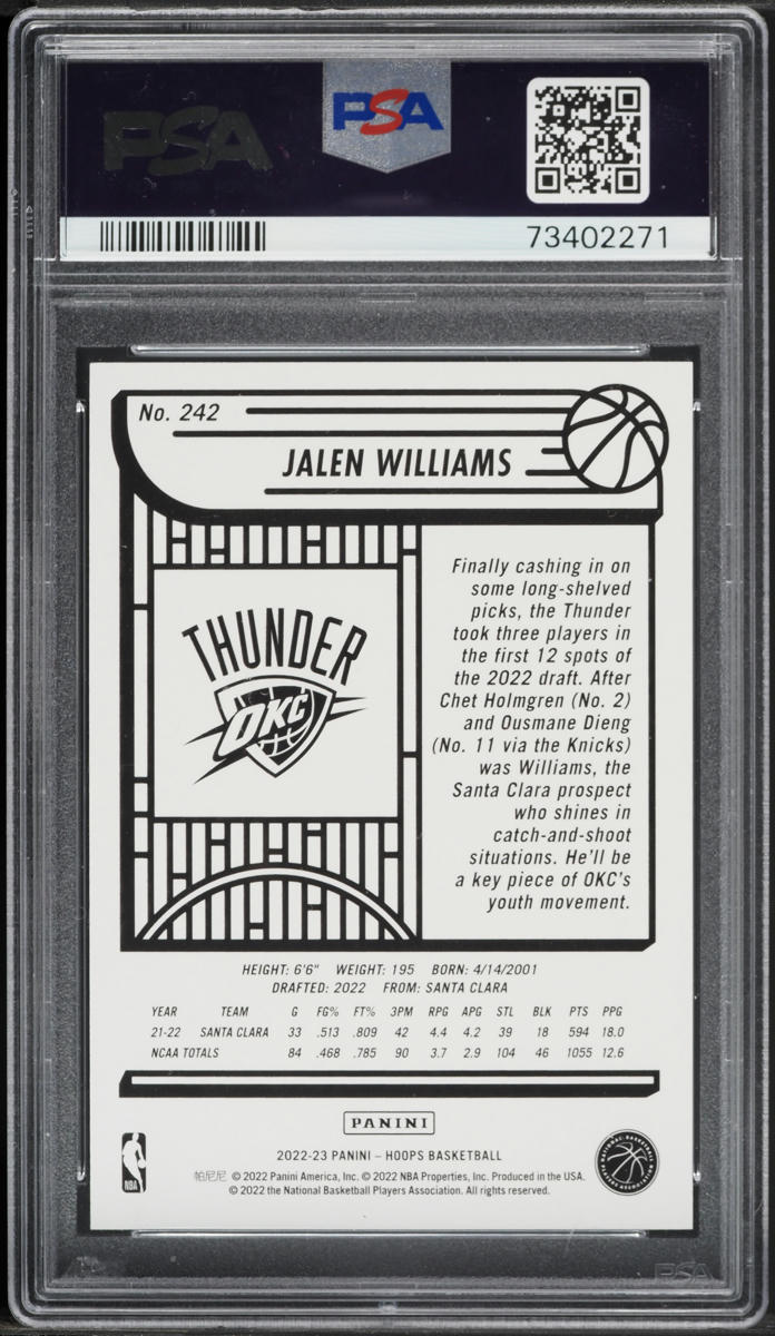 2022 Hoops Jalen Williams ROOKIE #242 PSA 10 GEM MINT