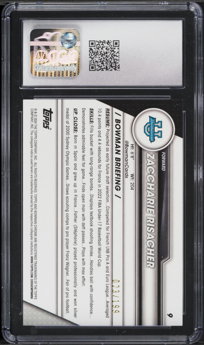 2023 Bowman Chrome University Blue Refractor Zaccharie Risacher RC /199 CGC 10