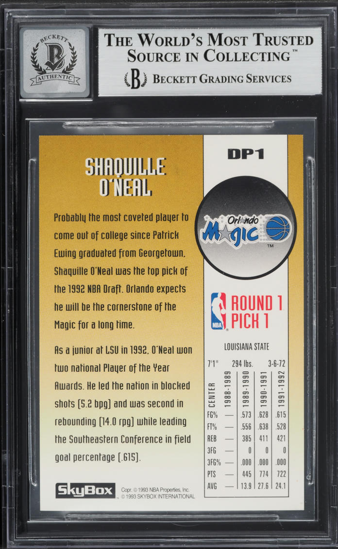 1992 Skybox Draft Picks Shaquille O'Neal ROOKIE AUTO #DP1 BAS BGS AUTH