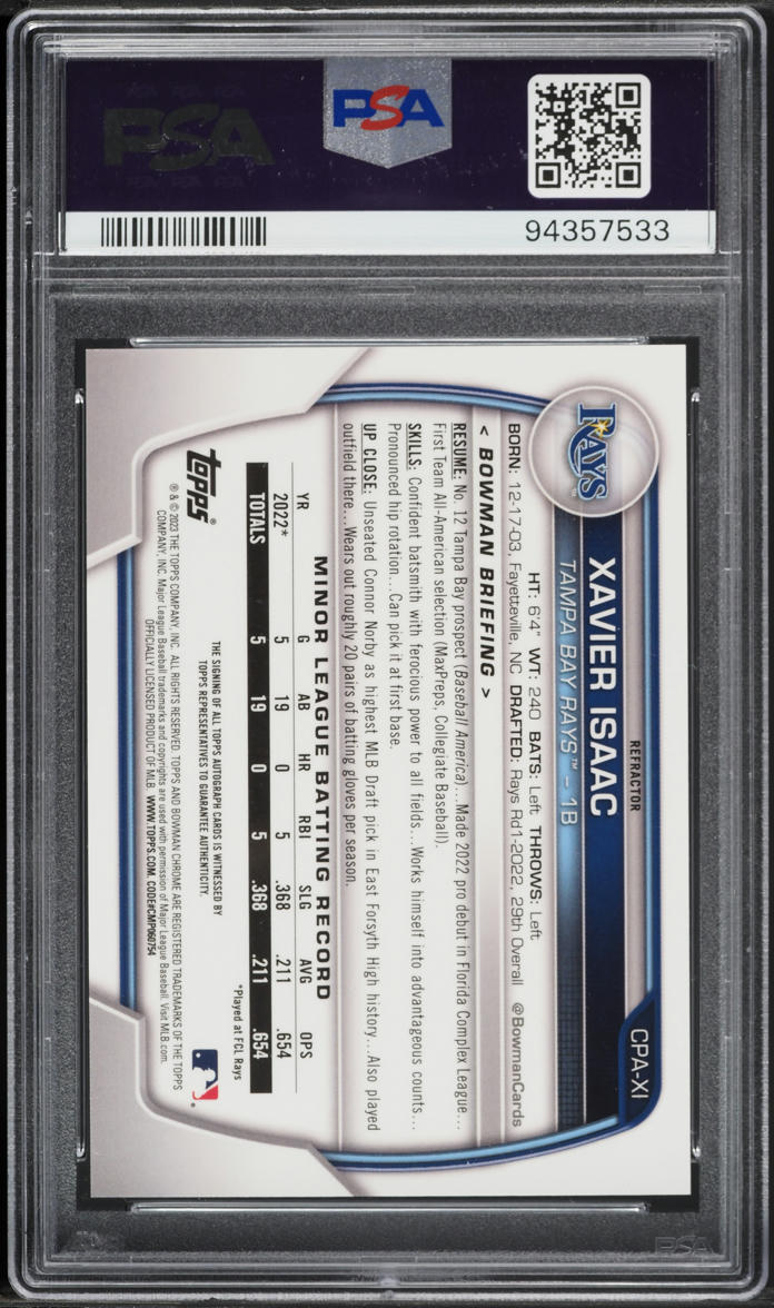 2023 Bowman Chrome Refractor Xavier Isaac AUTO DNA 10 /499 #CPAXI PSA 10 GEM