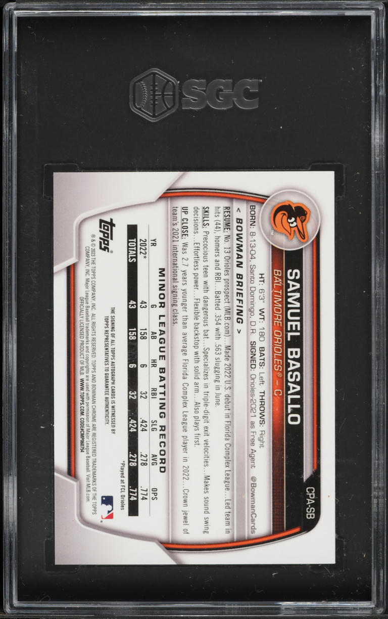 2023 Bowman Chrome Prospect Samuel Basallo AUTO #CPA-SB SGC 9 MINT