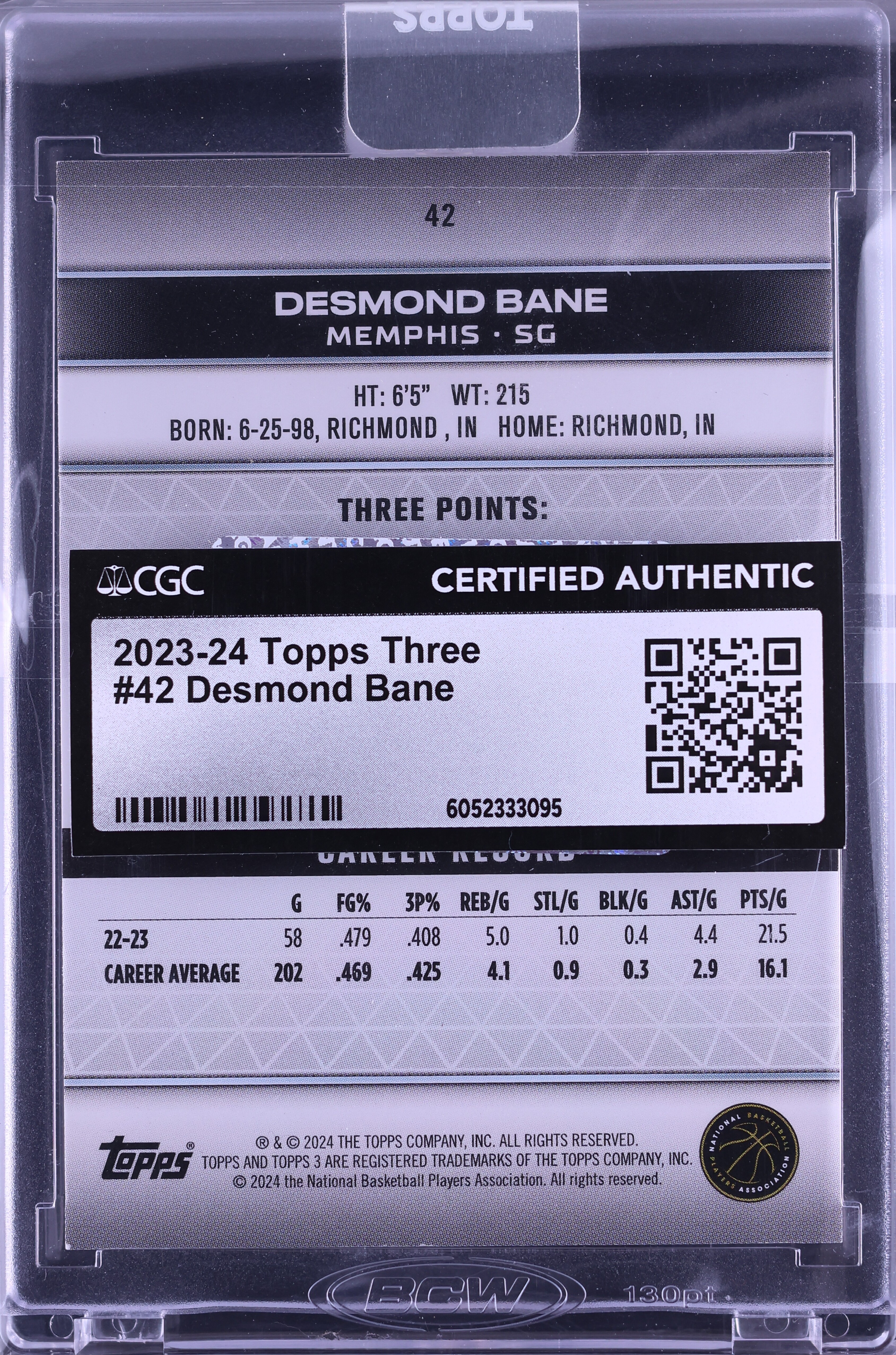 2023 Topps Three Desmond Bane /49 #42 CGC AUTH on Fanatics Collect