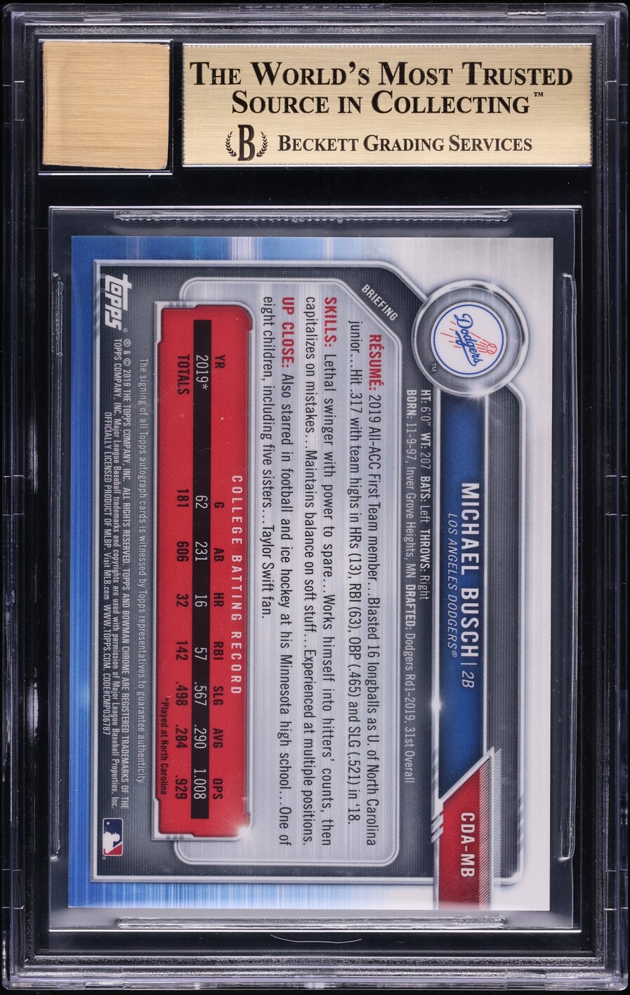 2019 Bowman Chrome Draft Superfractor Michael Busch PROSPECT AUTO 1/1 BGS 9.5