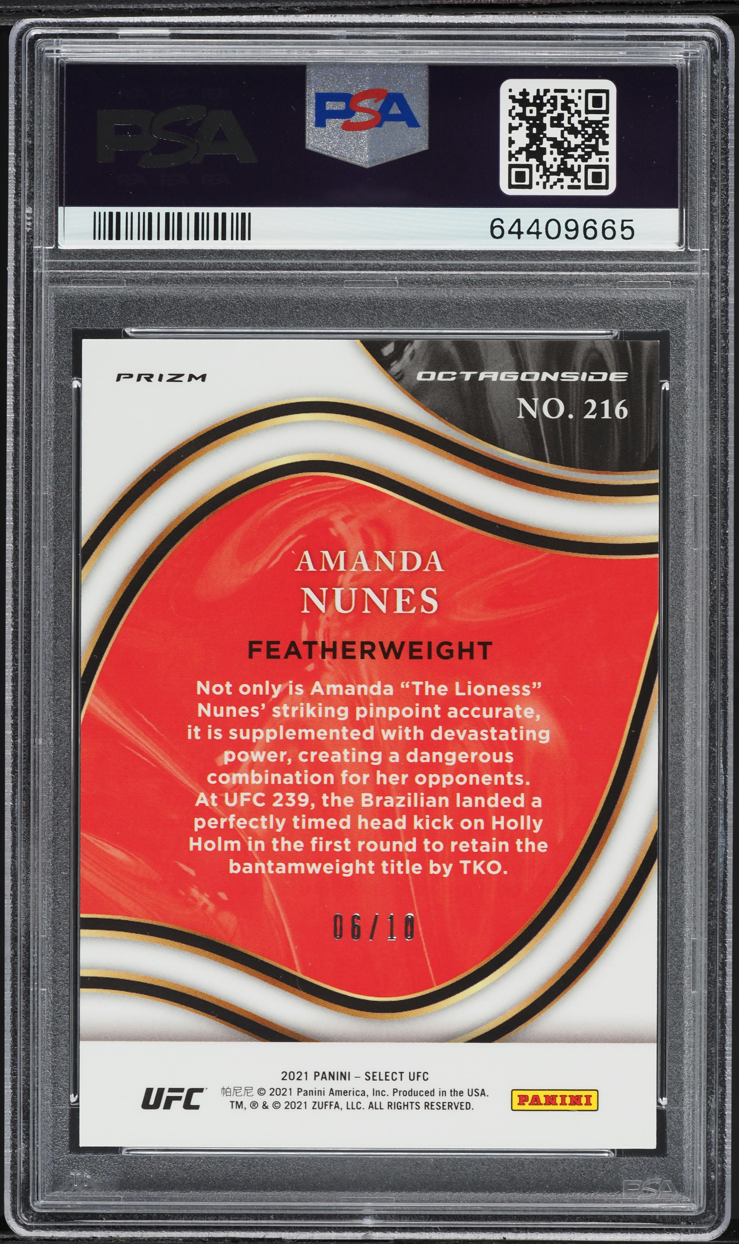 2021 Select UFC Octagonside Gold Prizm Amanda Nunes /10 #216 PSA