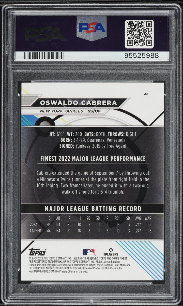 2023 Finest Sky Blue Oswaldo Cabrera ROOKIE /300 #41 PSA 9 MINT on