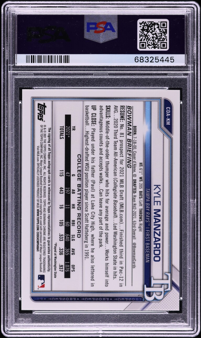 2021 Bowman Chrome Draft Superfractor Kyle Manzardo PROSPECT AUTO 1/1 PSA 10 GEM