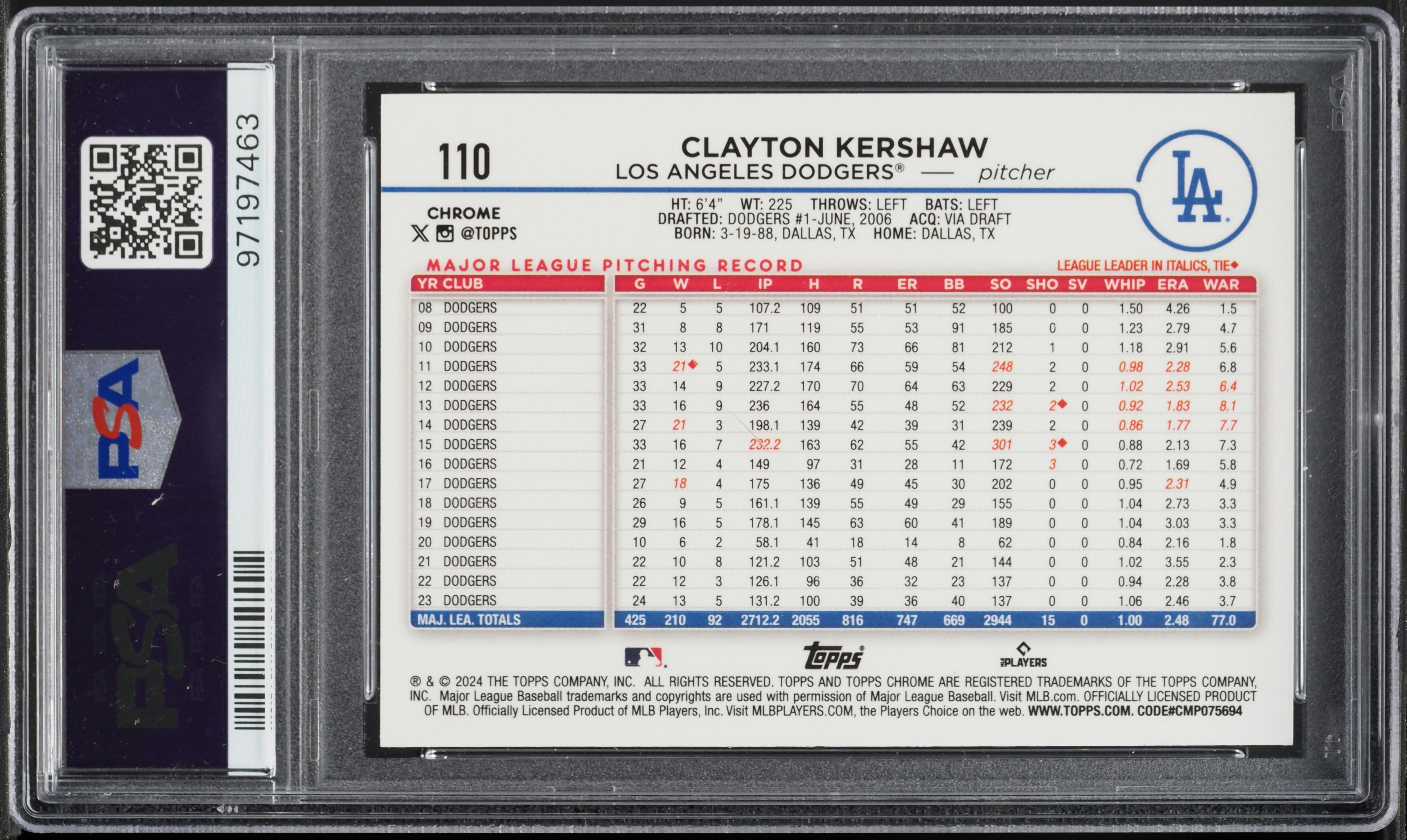 2024 Topps Chrome Blue Wave Clayton Kershaw /75 #110 PSA 10 GEM