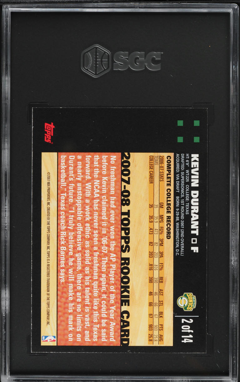 2007 Topps Basketball Orange Kevin Durant ROOKIE #2 SGC 8 NM-MT