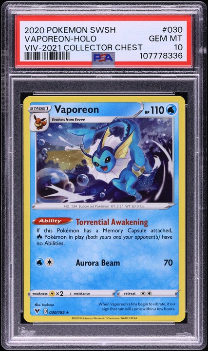 2020 Pokemon SWSH Vivid Voltage Collector Chest Holo Vaporeon #30 PSA 10 GEM