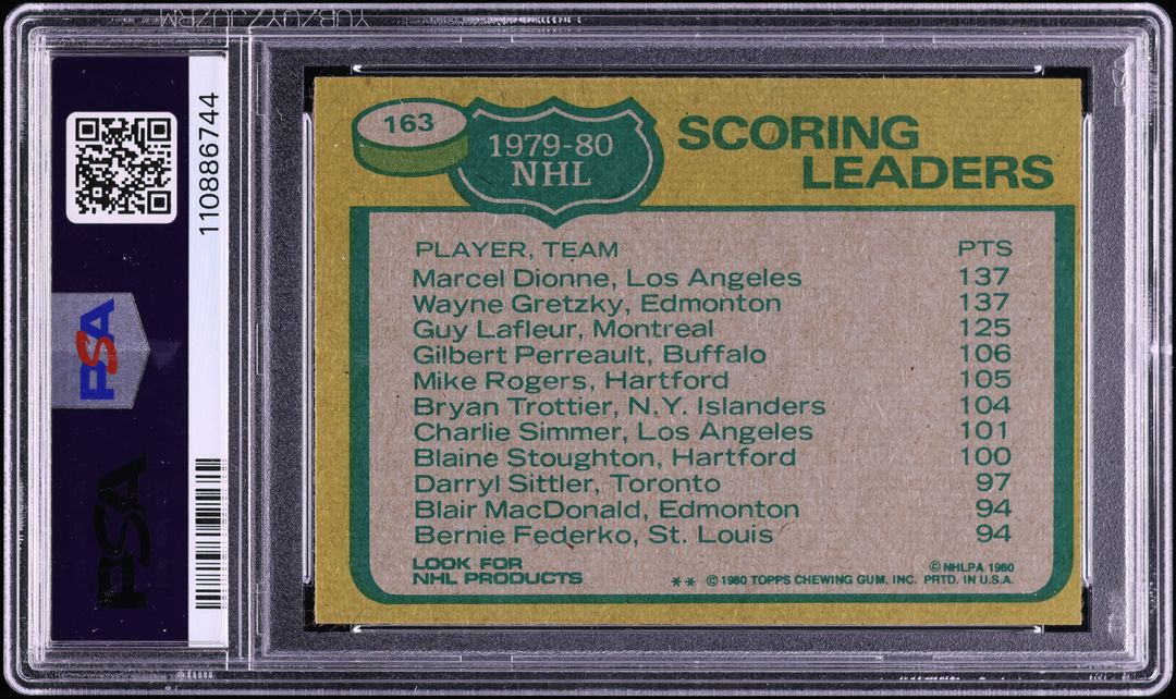 1980 Topps Hockey Wayne Gretzky Guy LaFleur Marcel Dionne LDRS #163 PSA 9 MINT