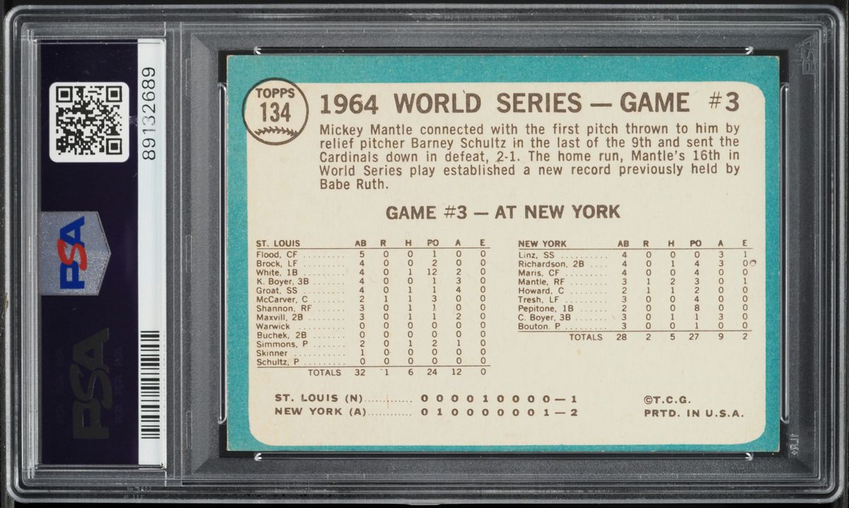 1965 Topps Mickey Mantle WORLD SERIES GAME 3 #134 PSA 6 EXMT
