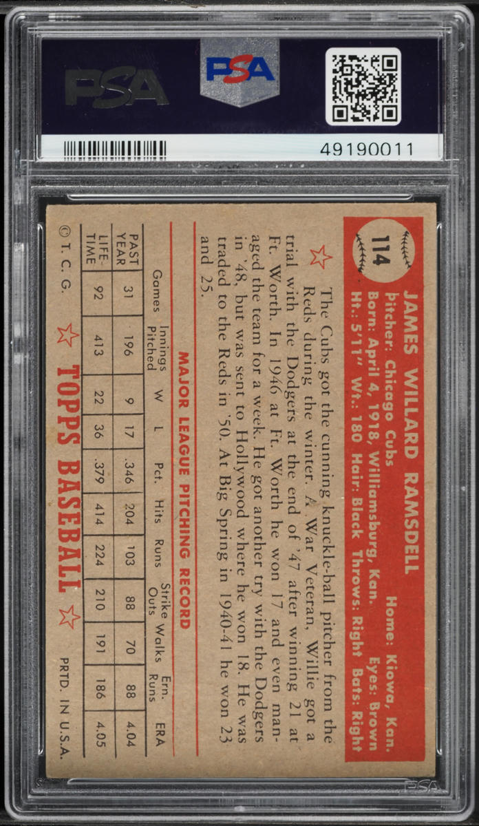 1952 Topps Willard Ramsdell #114 PSA 7 NRMT