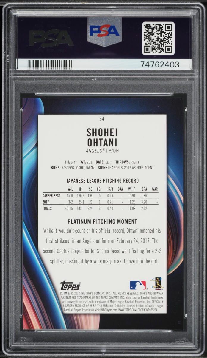 2018 Bowman Platinum With Glove-Green Shohei Ohtani ROOKIE /99 #34 PSA 9 MINT