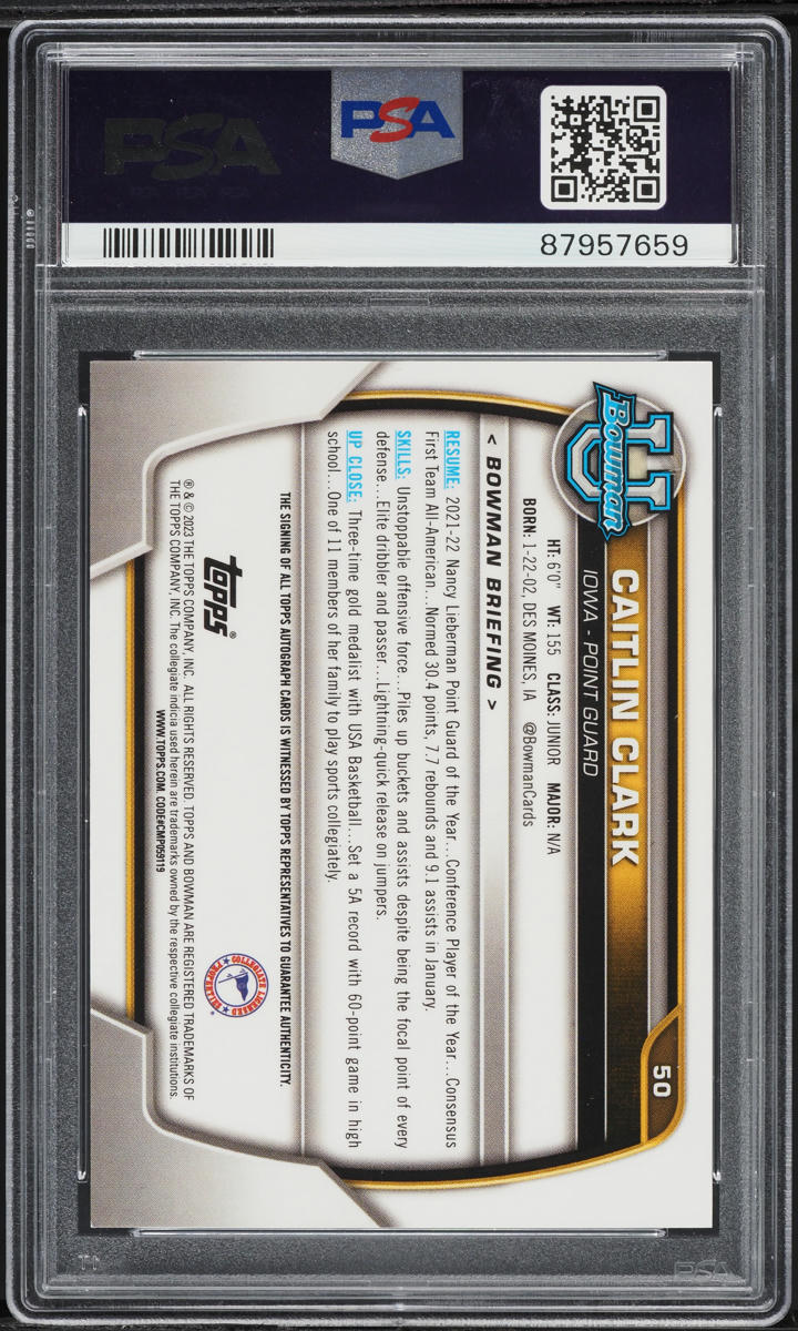 2022 Bowman Chrome University Prospect Caitlin Clark ROOKIE AUTO #50 PSA 9 MINT