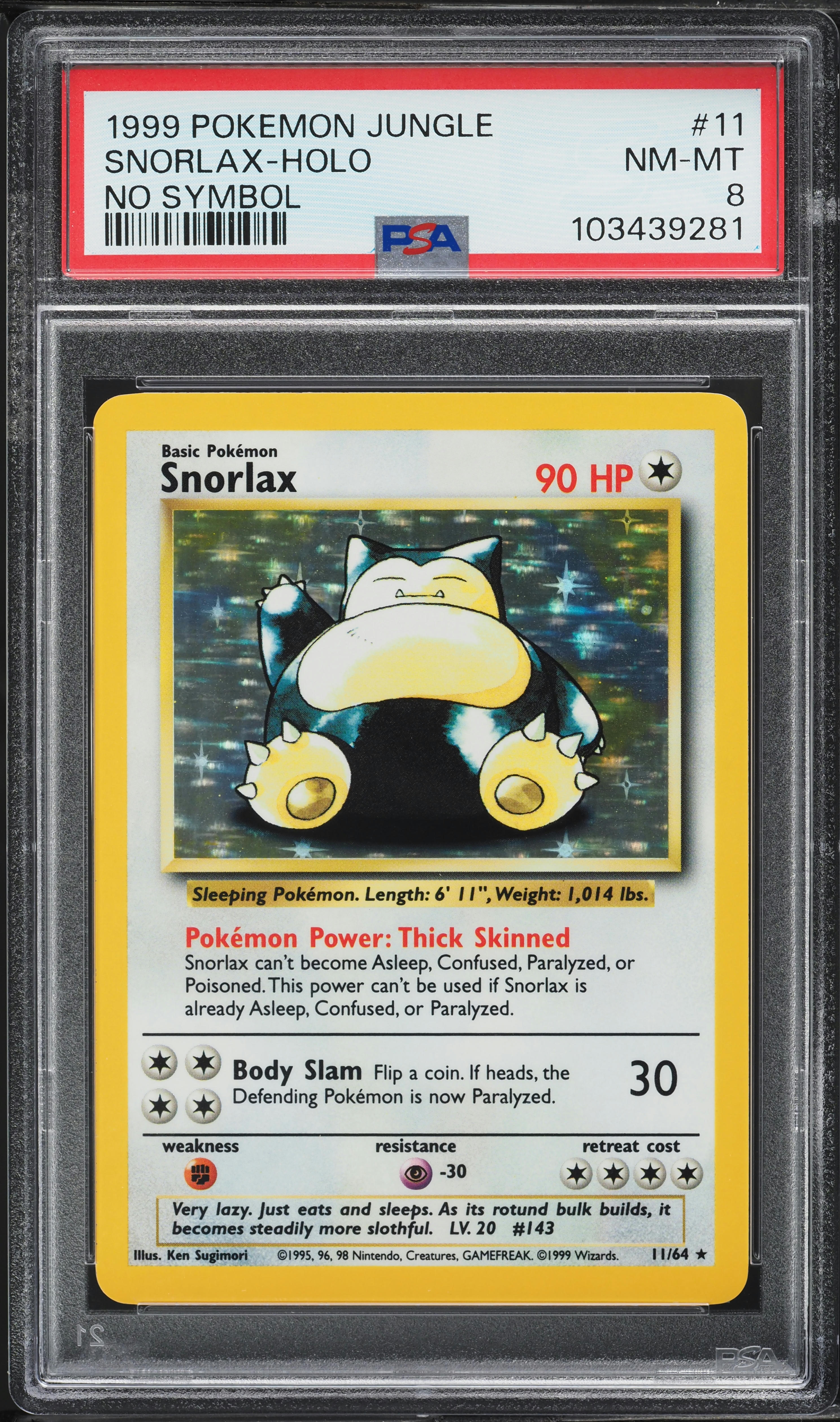 1999 Pokemon Jungle No Set Symbol Holo Snorlax #11 PSA 8 NM-MT on