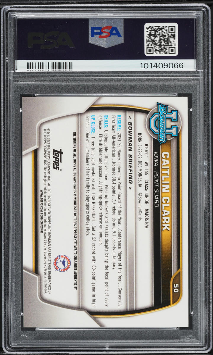 2022 Bowman Chrome University Prospect Caitlin Clark ROOKIE AUTO #50 PSA 9 MINT