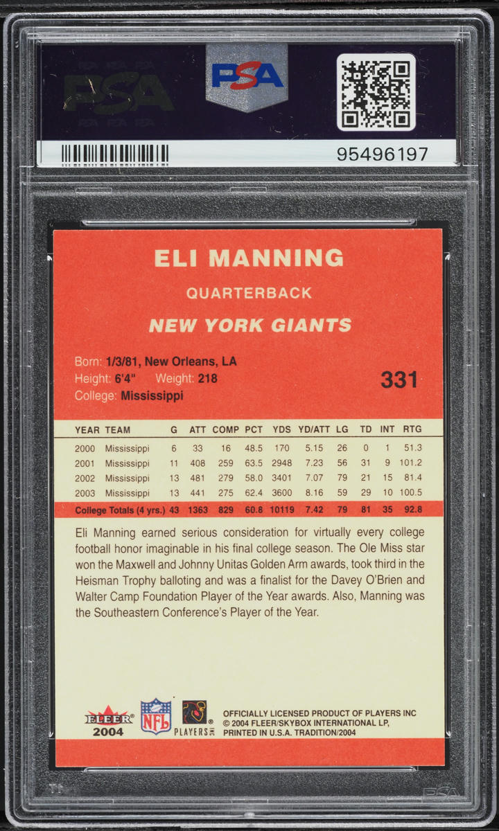 2004 Fleer Tradition Eli Manning ROOKIE #331 PSA 9 MINT
