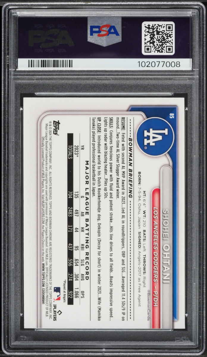 2024 Bowman Chrome Yellow Refractor Shohei Ohtani /75 #85 PSA 10 GEM MINT