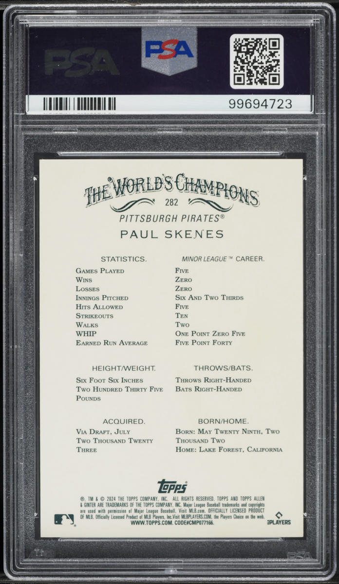 2024 Topps Chrome Allen & Ginter Superfractor Paul Skenes ROOKIE 1/1 #282 PSA 8