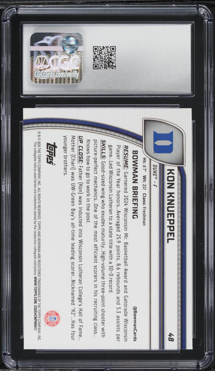 2024 Bowman Chrome University Sky Blue Refractor Kon Knueppel ROOKIE CGC 10 GEM
