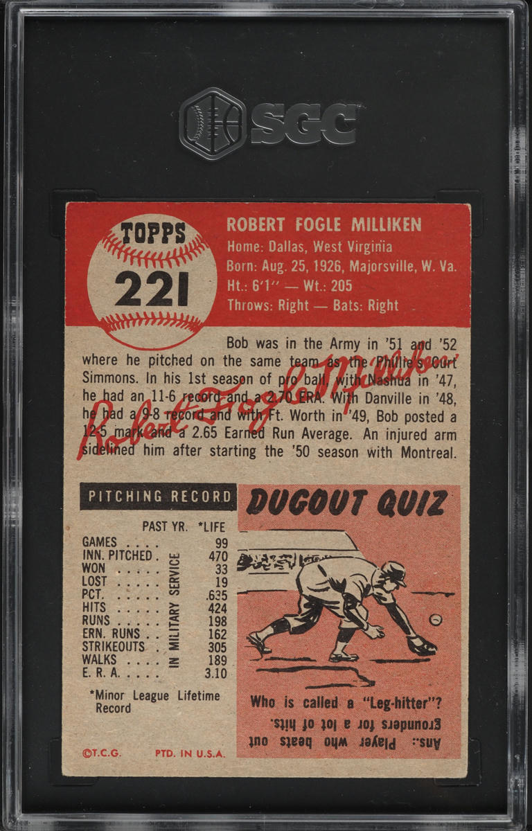 1953 Topps Bob Milliken SHORT PRINT #221 SGC 4.5 VGEX+