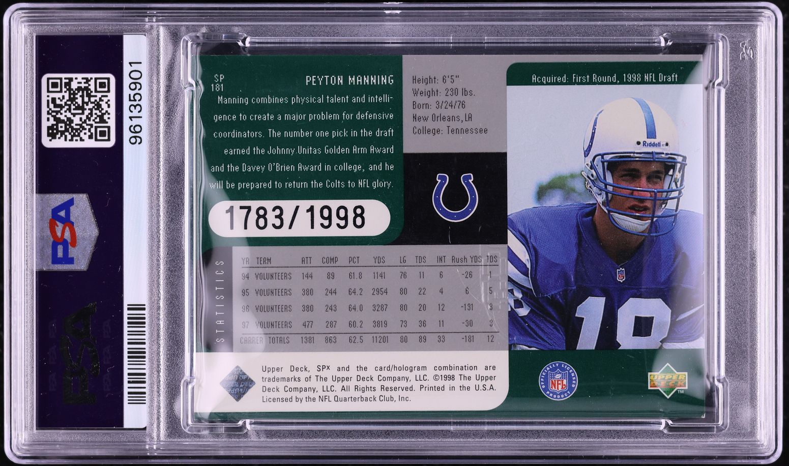 1998 SPx Finite Peyton Manning ROOKIE /1998 #181 PSA 7 NRMT