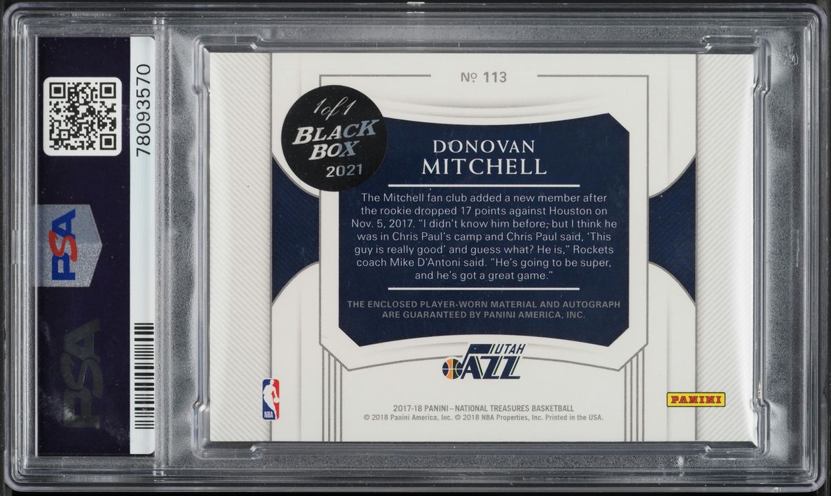 2017 National Treasures '21 Black Box Donovan Mitchell RC PATCH AUTO 1/1 PSA 9