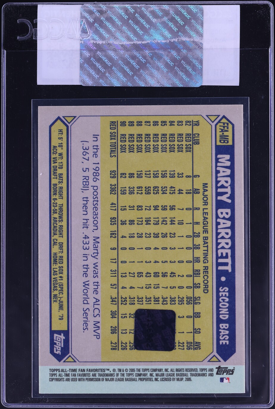 2005 Topps All-Time Fan Favorites Marty Barrett AUTO #FFA-MB CGC AUTH