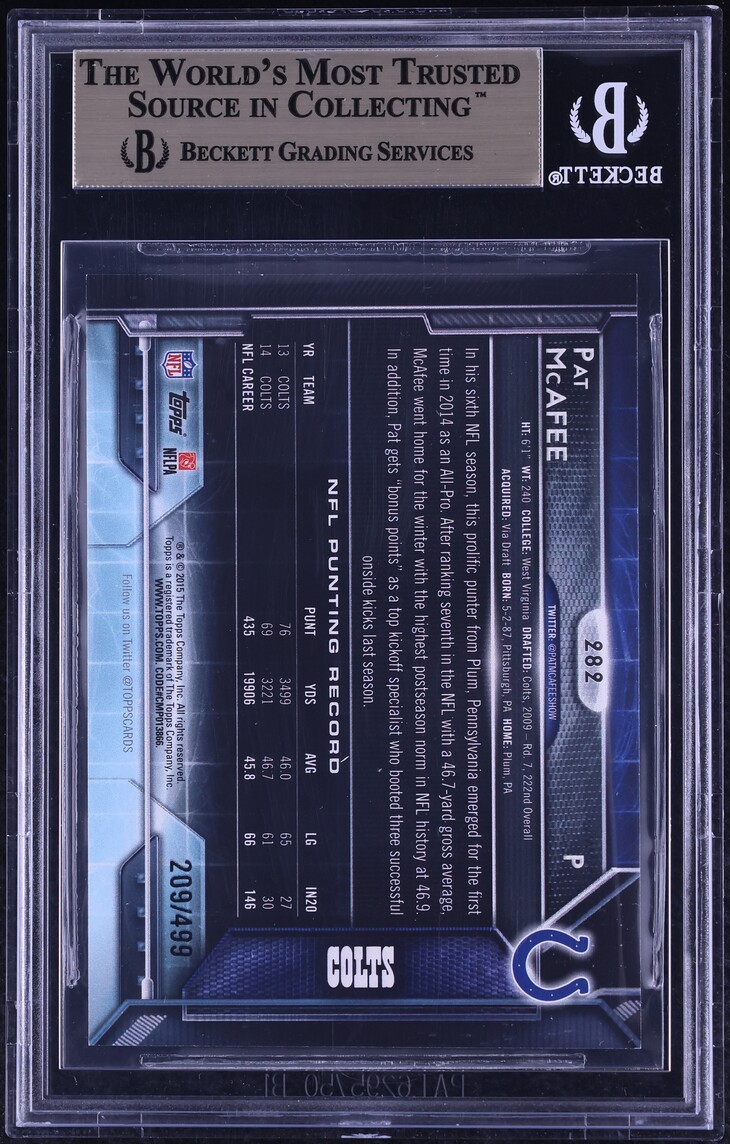 2015 Topps Pink Pat McAfee ROOKIE /499 #282 BGS 9.5 GEM MINT