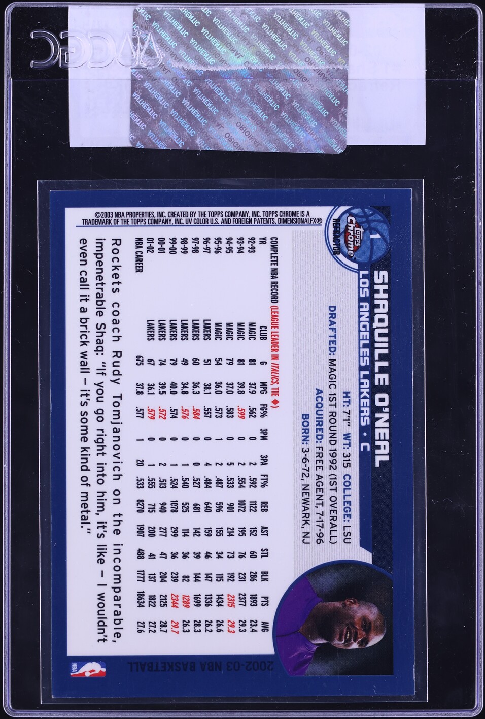 2002 Topps Chrome Refractor Shaquille O'Neal #1 CGC AUTH