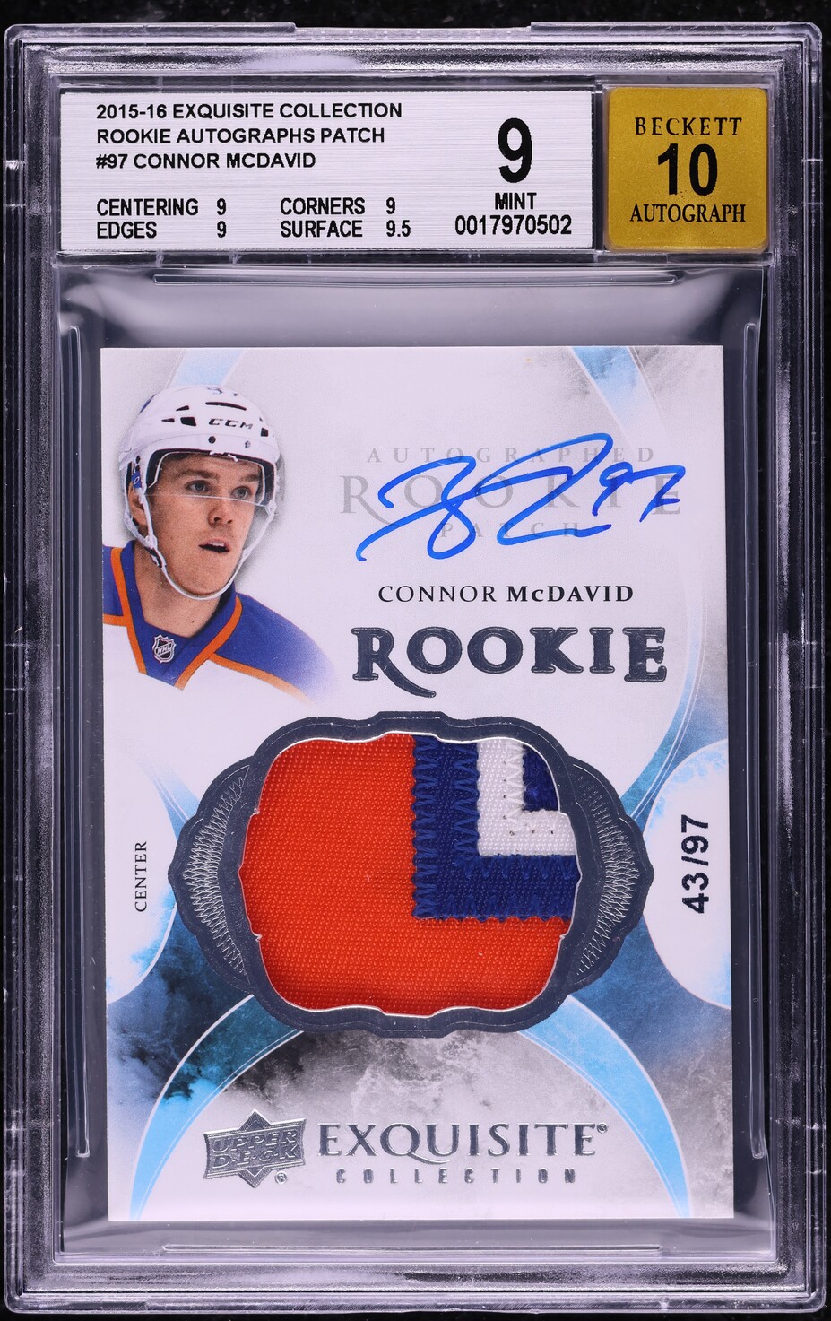2015 Exquisite Collection Connor McDavid ROOKIE PATCH AUTO /97 #97 BGS 9 MINT