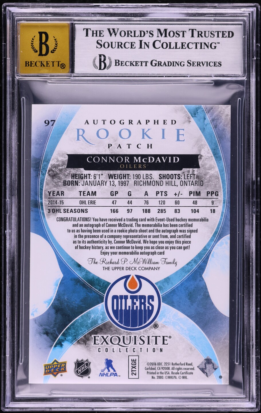 2015 Exquisite Collection Connor McDavid ROOKIE PATCH AUTO /97 #97 BGS 9 MINT
