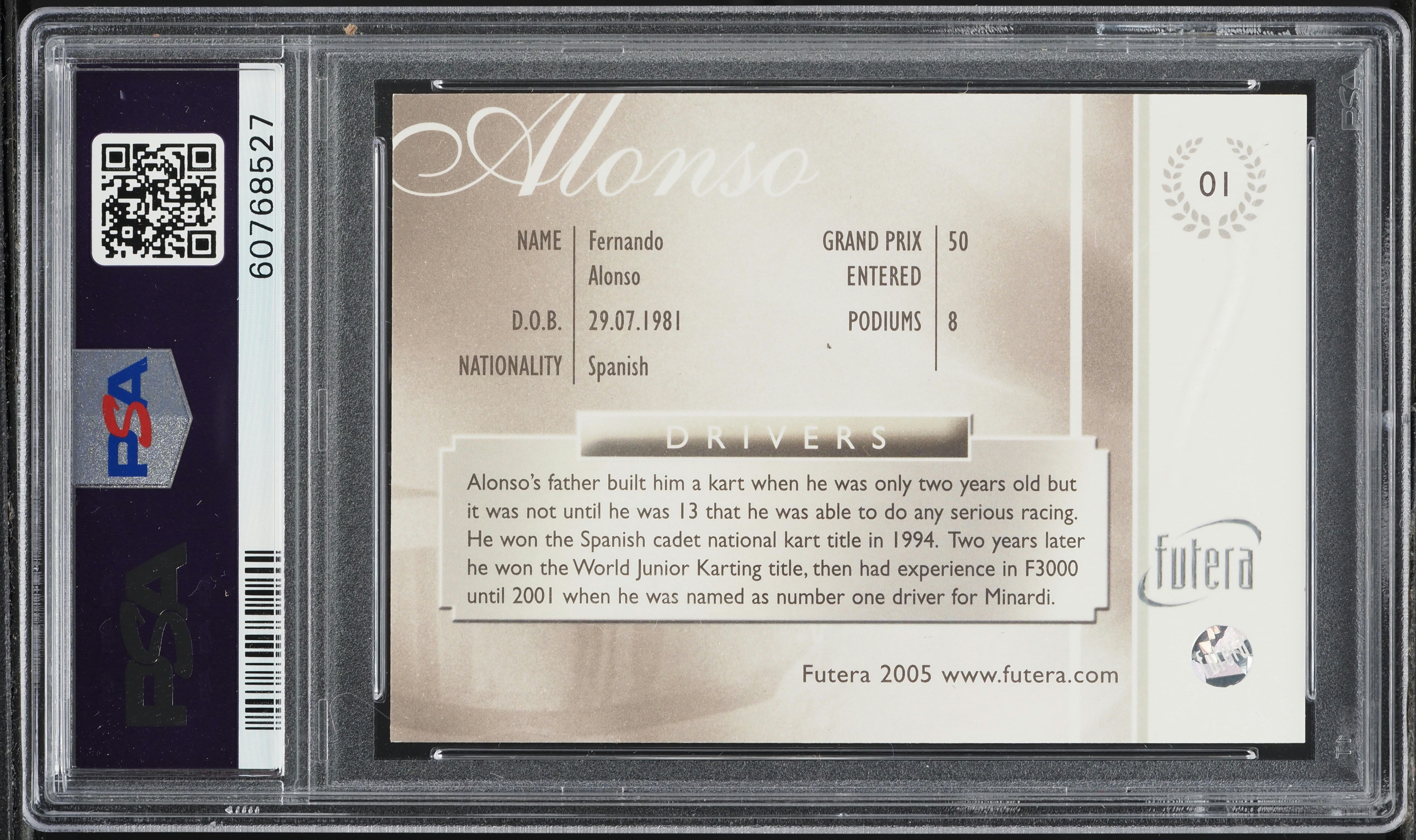 2005 Futera Grand Prix Drivers Fernando Alonso ROOKIE #1 PSA 7