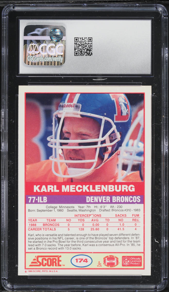 1989 Score Football Karl Mecklenburg #174 CGC 8 NM-MT
